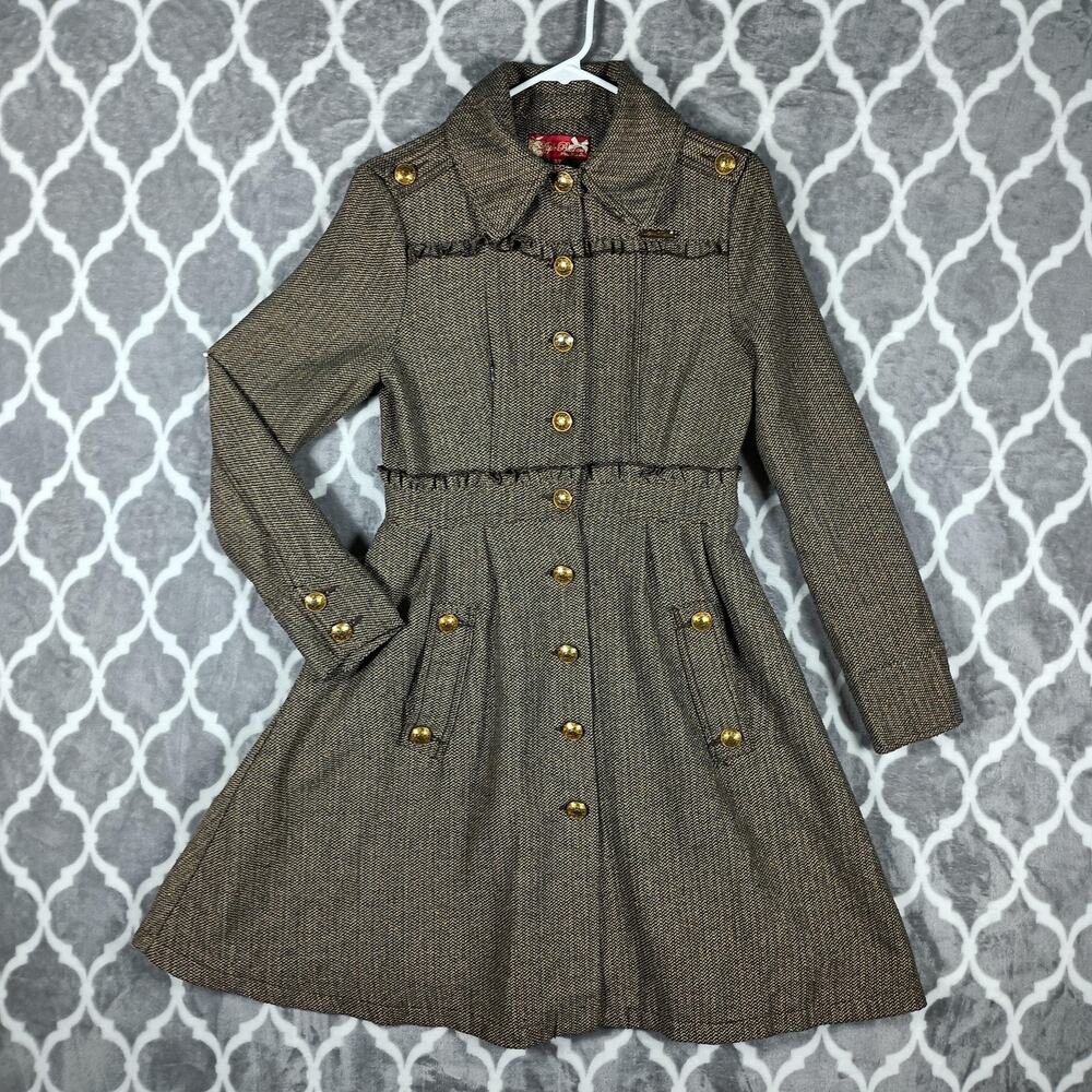Apple Bottoms Coat Small Brown Tweed Military Gold Button Fit Flare Dressy‎